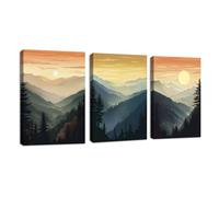 3Pcs Boho Siluetas Paisaje Marco de madera Cuadros Decoracion Salon Amanecer Niebla Bosque Montaña Cuadros Pintura Lienzos decorativos Dormitorio Comedor Decoración Pared Listo para colgar 30x40cmx3
