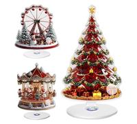 3PCS Christmas Decorations Noria Navidad Movimiento, Carrusel Navidad Decoración Navideña Acrílico Plano 2D, Pueblo Navideño Con Base Giratoria De 360°, Árbol Enfeites De Natal