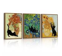 3Pcs Con Marcos Cuadros Decoracion Salon Gato Negro Gracioso Girasoles Madera Pintar Lienzos Decorativos Moderno Amapolas Vintage Van Gogh Cuadro y Láminas Decorativa para Dormitorio Comedor 30x40cmx3