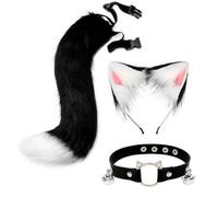 3Pcs Conjunto de Vestir Cola de Lobo Zorro, Orejas de Gato de Piel Sintética de Conjunto de Disfraz, Cosplay de Disfraces, para Disfraz de Animal Fiesta de Disfraces de Halloween (Blanco y negro)