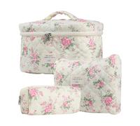 3Pcs Coquette Makeup Bag - Efficient Storage, Cotton Quilted Large Capacity Cosmetic Bag | Cotton Aesthetic Flower Toiletry Organizer Bags Travel Cosmetic Pouch for Traveling