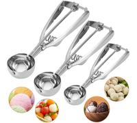 3Pcs Cuchara Helado Acero Inoxidable con Mecanismo Resorte, Cucharón Bolas Helados Tamaños Diferentes, Sacabolas Galletas Mango Cómodo para Hornear, Patatas, Pastel, Masa, Arroz,Carne,Fruta,Bola Melón