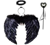 3pcs de ángel Negras con halo y Varita mágica, 60 cm, Disfraz de ángel para Mujer, Plumas Blancas, alas para niños, para ángeles, diablos, Halloween, Disfraz para Adultos, Accesorios de Carnaval