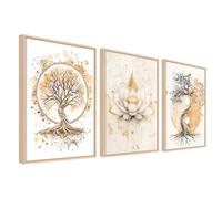 3Pcs Enmarcado Cuadro Moderno Árbol de la Vida Yin Yang Cuadro Decoracion Budismo Zen Flor de Loto Beige Árbol Pintura Imagen Cuadros Decorativos Salon Dormitorio Comedor Marco Beige 30cmx40cm x3pcs