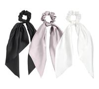 3pcs Excobos de satén para mujeres Surcunchies de satén elegantes negras, grises y blancas 13.8 '' Seda estilo arco elástica para moño, cola y pulsera.