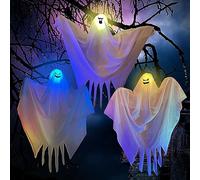3pcs Fantasmas Colgantes de Halloween, Fantasmas Voladores Lindos con Luz LED Espeluznante, Blanco Colgando Fantasmas, Decoración Colgante de Halloween para Patio Delantero, Patio (Blanco)