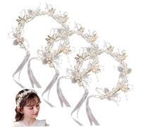 3pcs Flower Girl Crown for Kids White Plastic Pearl and Flower Girl Tadera con cinta para el cumpleaños de la fiesta de bodas de accesorios para el cabello.