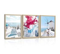 3Pcs Griego Isla Paisaje Urbano Cuadros Decorativos Salon Con Marco, Azul Santorini Mar Egeo de Madera Cuadros Modernos Lienzo Campanario Flor Cuadro y Láminas Murales Decor pared Dormitorio 30x40cmx3