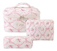 3pcs Juego de Bolsas de Maquillaje Acolchado colchado de algodón de algodón de Colcha de de Gran Capacidad de Gran Capacidad con Mango y Cierre de Cremallera para Viajes en el hogar Lindo