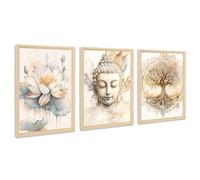 3Pcs Marco de Madera Cuadro Moderno Árbol de la vida Buda Cuadro Decoracion Salon Budismo Zen Flor de Loto Beige Pintura Cuadros Decorativos Salon Dormitorio Baño 40cmx60cmx3 (Sin Plexiglás)