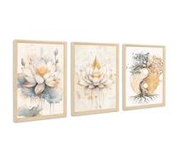3Pcs Marco de Madera Cuadro Moderno Árbol de la Vida Yin Yang Cuadro Decoracion Salon Budismo Zen Flor de Loto Beige Árbol Pintura Cuadros Decorativos Salon Dormitorio Baño 40cmx60cmx3 (Sin Plexiglás)