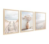 3Pcs Marco de Madera Cuadro Moderno Camino a la Playa Cuadro Decoracion Salon Paisaje Marino Beige Pintura Imagen Paisaje Costero Cuadros Decorativos Salon Dormitorio Baño 40cmx60cmx3 (Sin Plexiglás)