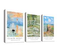 3Pcs Marco de madera Cuadro Moderno Claude Monet El Estanque de Nenúfares Lienzo Decorativos Vintage Impresionista Amanecer Pintura Imagen Póster Cuadros Decoracion Salon Dormitorio 40cmx60cmx3