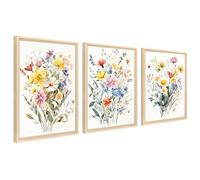 3Pcs Marco de Madera Cuadro Moderno Flores Amarillas Blancas Margaritas Cuadro Decoracion Acuarela Colorido Ramo Flores Pintura Cuadros Decorativos Salon Dormitorio 30cmx40cmx3 (Sin Plexiglás)