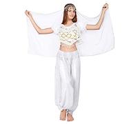 3Pcs Mujeres Danza del Vientre, Ropa India Lentejuelas para Disfraz de Princesa, Conjunto de Bailando Top Pantalones de Linterna y Cadena de la Cabeza Barbijo (Blanco)
