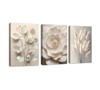 3Pcs Neutro Beige Floral Planta Marco de madera Cuadros Decoracion Salon,3D Textura Flor Botánico Cuadros Pintura Lienzos decorativos Dormitorio Comedor Decoración de Pared Listo para colgar 40x60cmx3