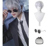 3Pcs Peluca Masculina Plata, Peluca de Chico Estilo Corto Corte para Hombre Años de Blanquecino Banda de Pop Tamaño único con Gafas con Gorro de Peluca Ajustable Para Anime Cosplay Halloween Carnaval