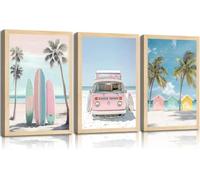 3Pcs Pink Beach Wall Art Tropical Teen Girl Coastal Canvas Poster Print Surfboard Palm Picture Wall Decor for Bathroom(30x40cm x 3/Inner frame)