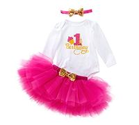 3PCS Ropa Bebé Niña Recién Nacida Traje de Cumpleaños Manga Larga Algodón Mameluco+Tutu Falda+Diadema Conjunto,Rosa Roja/0-3 Meses