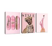 3Pcs Rosa A La última Leopardo Modernos Cuadros Decoracion Con Marco Moda Estilo Preppy Rosa Bota Martini Cuadro y Láminas Atrevido Guepardo Pintura Lienzos Decor Hogar Para Salon Dormitorio 30X40cmx3