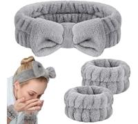 3pcs Set de Headband de Microfibra Elásticas con Muñequeras SPA, Kit de Spa para Cuidado Facial,Diademas Faciales Lavables,Diademas De Ducha De Vellón Coral para Rutinas Diarias y Spa en Casa(Gris)