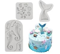 3Piezas Molde para Fondant de Animales Marinos,Marina Animales Moldes Silicona,Moldes Silicona Cola de Sirena,Molde de Concha, Estrella de Mar, Caballito de Mar,Para Pastel de Chocolate Candy Pudding