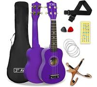 3rd Avenue Pack de ukulele soprano para principiantes de 21 pulgadas para principiantes - Con funda, soporte, correa, cuerdas, púas y marcadores adhesivos para el diapasón - Púrpura