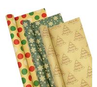 3rollos de papel de regalo navideño gigante, 76 cm x 4 m, papel de regalo kraft reciclable, estampado con lunares de copos de nieve y árbol de Navidad para decoraciones de regalos de fiestas navideñas