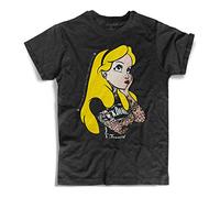 3styler Camiseta de hombre negra tatuada Alice Tatuata - Alicia in The Wonderland - Línea Amazink - Algodón flameado (Slub) 150 gr/m², Negro , L