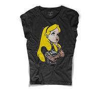 3styler Camiseta de mujer negra tatuada Alice Tatuata - Alicia in The Wonderland - Línea Amazink - Algodón flameado (Slub) 150 g/m², Negro , XL