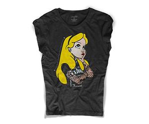 3styler Camiseta de mujer negra tatuada Alice Tatuata - Alicia in The Wonderland - Línea Amazink - Algodón flameado (Slub) 150 g/m², Negro , XL