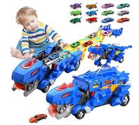 3T6B Camión de Transporte de Dinosaurios Coches de Juguete para niños con 12 Mini Coches, 3 en 1 Plegable portátil Pista de Carreras Coche de Juguete, para niños de 3, 4, 5, 6, 7, 8 Años