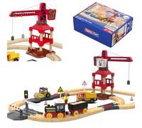 3T6B Tren Madera Juguete, 58 Piezas de Tren Eléctrico para Niños, con Rieles de Madera, Gruas de Juguete Giratoria 360°, Juguetes Educativos para Niños y Niñas de 3 a 6 Años