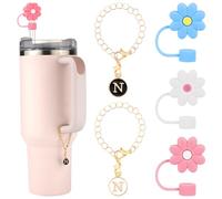 3uds Cubierta de Pajita para Stanley de 30/40oz Taza, 10mm Tapa de Pajita de Silicona con Forma de Flor y 2uds Personalizadas Dijes de Letra de ID/Nombre Straw Cover para Stanley Taza(N)