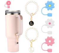 3uds Cubierta de Pajita para Stanley de 30/40oz Taza, 10mm Tapa de Pajita de Silicona con Forma de Flor y 2uds Personalizadas Dijes de Letra de ID/Nombre Straw Cover para Stanley Taza(L)