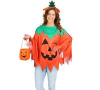 3uds Disfraz Calabaza Halloween, Disfraz de Halloween de Poncho de Calabaza para Adulto Mujer Niña con Diadema y Bolsa para Ropa de Fiesta de Cosplay Unisex con Temática de Calabaza