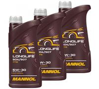 3x 1L Mannol Longlife 5W-30 Aceite 5W30 VW 504 00 507 00 BMW LL-04 MB 229.51