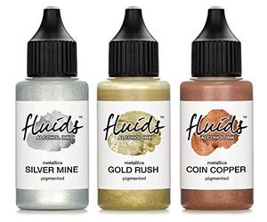 3x 30 ml Octopus Fluids Alcohol Ink Set Metallic GOLD RUSH, SILVER MINE, COIN COPPER, Tinta al alcohol para Fluid Art y Resin Art, resina epoxi