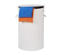 3x Cesto Ropa Sucia con Tapa, Cubo Colada Plegable, Redondo, Bambú, 65 Litros, Ø 40 cm, Blanco