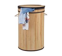 3x Cesto Ropa Sucia con Tapa, Cubo Colada Plegable, Redondo, Bambú, 65 Litros, Ø 40 cm, Natural