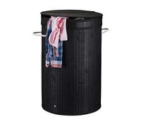 3x Cesto Ropa Sucia con Tapa, Cubo Colada Plegable, Redondo, Bambú, 65 Litros, Ø 40 cm, Negro