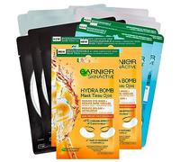 3x Garnier SkinActive Mascarilla de Tela Hidratante de Granada + 3x Hidra Bomb Calmante de Manzanilla + 3x Hidra Bomb Matificante de Té Verde + 3x Carbón Puro Purificante + 3x Anti Fatiga para Ojos