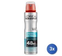 3x L'Oreal Desodorante Spray 150 Ml. Hombre Fresh Extreme