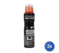 3X L'Oréal Paris Men Expert Carbon Protect Desodorante Spray 150Ml