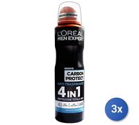 3X L'Oréal Paris Men Expert Carbon Protect Desodorante Spray 150Ml
