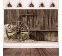 3x2.4m Telón de Fondo Western Cowboy Antiguo Granero Puerta con Rueda de Heno Antiguo Pacas de Heno Pila País Fotografía Tema de Fondo Western Party Decoración Niños Adultos Photoshoot Props