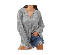 (3XL,grey)Women Shirt Shiny Sequin Soft Lapel Loose Solid Color Cardigan Single-breasted Performance Club Party Lady Top