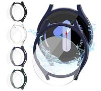 [4+4Piezas] Funda Protectora Mate 44mm para Samsung Galaxy Watch 5 & 4, Jvchengxi PC Funda Protector + 9H Antiarañazos Protector Pantalla de Cristal Templado (Negro+AzulMedianoche+VerdeOficial+Claro)