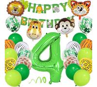 4 Años Decoracion Cumpleaños, Selva Fiesta Cumpleaños Decorar con Globos Animales Safari Happy Birthday Banner 40'' 4 Globo para Wild One Infantil Niño Suministros de Primer Cumpleaños