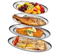 4 bandejas para servir, 26 cm + 30 cm + 35 cm + 40 cm, plateadas, ovaladas, para servir, placa de acero inoxidable, bandeja de acero inoxidable para bandeja de camarero, salchichas, queso, fiesta
